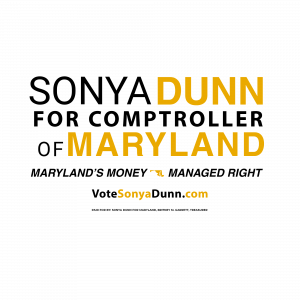 Campaign logo featuring the words "DUNN FOR MARYLAND" in bold gold lettering on a black background. "DUNN" appears prominently at the top, with "FOR" in smaller text beneath it and "MARYLAND" displayed in large capital letters below. The design is clean,
