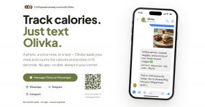 Olivka card: a phone shows a chat where a lunch photo gets a calorie and macro breakdown, next to the headline Track calories. Just text Olivka.