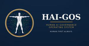 HAI-GOS, the Human AI Governance Operating System, shown with its human-in-the-loop medallion and the principle Human.First.Always.
