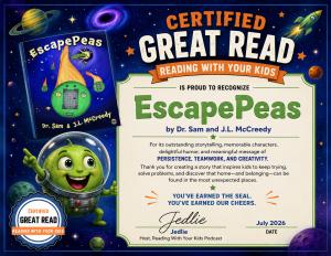 Reading With Your Kids Certified Great Read Award Certificate for Read-Aloud Picture Book EscapePeas by Dr. Sam and J.L. McCreedy