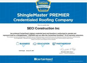 Seci Construction Inc CertainTeed Shingle Master Accreditation