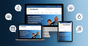 Graphic announcing the launch of the redesigned Choroideremia Research Foundation website. The graphic of a laptop and mobile device displaying the new CRF homepage, with icons representing the new features.