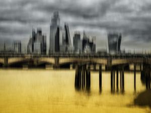 City in Gold and Silver by Antonina Minova, a duotone abstract ICM photograph of London's skyline in gold and silver with softened architectural forms and flowing movement.