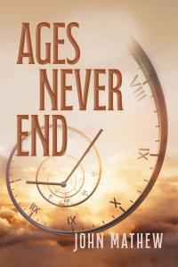 Book cover of ages never end with a spiral staircase that neither starts nor ends on the page superimposed on an orange background