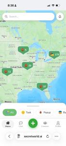 Secret World location-based map showing Creator Cards, Tasks, Popups, and local opportunities across the United States.