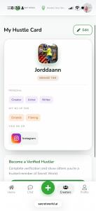 Creator Card profile in the Secret World app displaying skills, categories, verification level, and creator information.