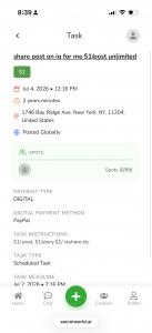 Task page in the Secret World app showing a paid social media task with payment, location, instructions, and deadline.