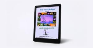 3D mockup of the Daily NeuroNudges™ Volume 1 ebook displayed on a black e-reader against a white background, showing a colorful collage cover with meditative imagery and the subtitle, "Daily inspirational and affirmational nudges for self-esteem and succe