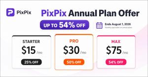 PixPix annual plan promotion showing Starter, Pro and Max pricing with savings of up to 54%.