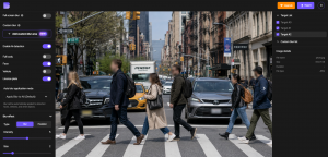 Screenshot of the BlurMe browser-based platform showing automatic face detection and blurring applied to CCTV footage.