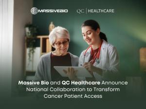 A doctor and an elderly female patient reviewing information together on a tablet, with the Massive Bio and QC Healthcare logos above and the headline "Massive Bio and QC Healthcare Announce National Collaboration to Transform Cancer Patient Access" below