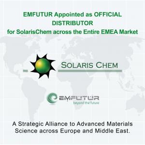 Promotional graphic announcing EMFUTUR as the official distributor for SolarisChem across the EMEA market, featuring a world map background and the logos of both companies.