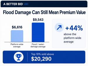 Infographic showing flood-damaged vehicles averaged $9,543 at A Better Bid auctions versus $6,616 platform-wide.