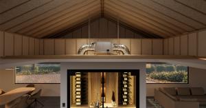 WhisperKOOL Blow-Through wine cellar cooling system concealed above a modern glass wine wall.