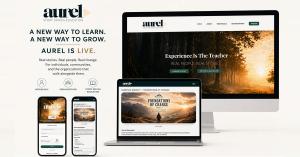 AUREL logo and website mockup on desktop, laptop, and mobile, showing the homepage and course pages with the tagline "Experience Is The Teacher."