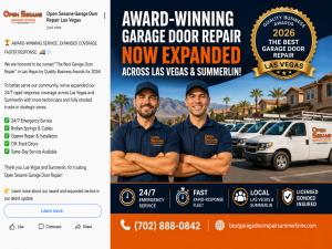 Open Sesame Garage Door Repair Las Vegas team celebrating its 2026 business award