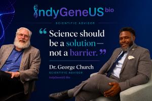 IndyGeneUS Bio founder, Yusuf Henriques with Dr. George Church and features Church Quote