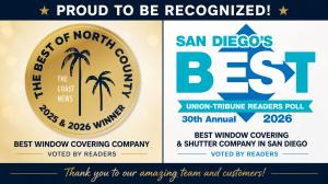 3 Blind Mice Window Coverings 2026 reader-voted awards from the San Diego Union-Tribune and The Coast News.
