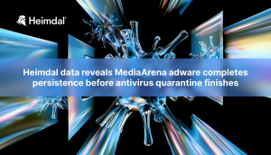 Heimdal graphic featuring an abstract virus-like 3D shape, with headline text about MediaArena adware outpacing antivirus quarantine.