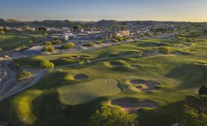 Aerial view of Turtleback Mountain Golf & Resort in Elephant Butte, New Mexico, showing the first hole on the left, the 18th hole in the center and the ninth hole on the right. The resort hosts the 2026 New Mexico Open Presented by New Mexico True.