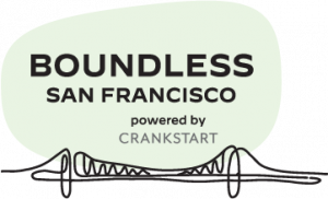 A black outline of the San Francisco Golden Gate bridge with "Boundless San Francisco powered by Crankstart" written over it and sea green in the background.