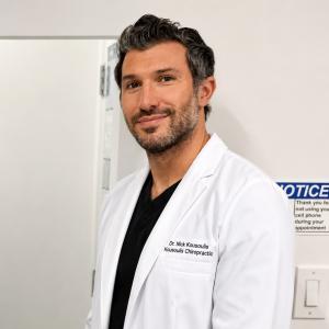 Picture is of Dr. Nick Kousoulis, a chiropractor in Brentwood, wearing a white coat and smiling.