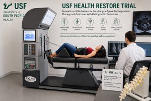 In the image is the USF Logo, the DRX9000 with a patient laying on it being treated for a lumbar disc herniation. Researcher is sitting at a desk and reviewing MRI of lumbar spine. Writing says USF Health Restore Trial, multiple DRX9000 Systems Used for Clinical Care