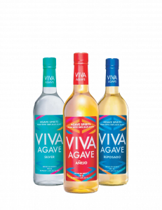 Three bottles of Viva Agave agave spirit, Silver, Reposado and Añejo, side by side