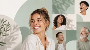 Collage of a diverse group of smiling adults in soft mint, cream, and white tones with linen textures and minimalist design elements.