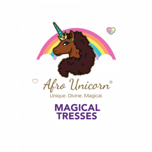Afro Unicorn Magical Tresses Logo with unicorn and rainbow.