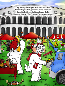A lively outdoor tailgate scene in front of a large white arched stadium under a blue sky. Anthropomorphic dogs of various breeds gather around red tents, a charcoal grill, & picnic table