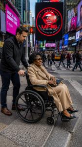 Assisting a wheelchaired client in Times Square, over a curb cut