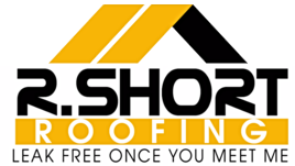 R. Short Roofing logo with a black and gold roof design and the tagline “Leak Free Once You Meet Me.”