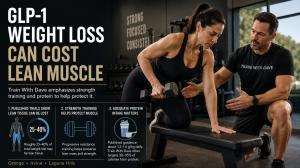 Personal trainer coaches a woman performing a one-arm dumbbell row in a modern gym. An infographic explains that GLP-1 weight loss may include lean tissue loss and highlights resistance training and adequate protein as strategies to help preserve muscle.