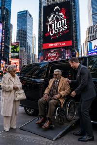 VIP Security Transports team member assists a well-dressed wheelchair user exiting a private wheelchair-accessible van in Times Square, New York City, while the client's wife looks on. The image represents Accessibility Advance Planning, Private Wheelchai
