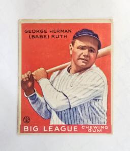 1933 Goudey Babe Ruth (shown) and Lou Gehrig baseball cards will be auctioned this fall.