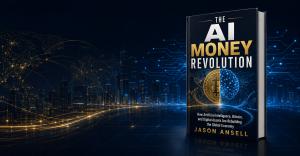 The AI Money Revolution book displayed against a global financial-technology network illuminated in metallic gold and electric blue.