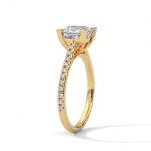 Diamond princess cut engagement ring in a yellow gold unique setting.