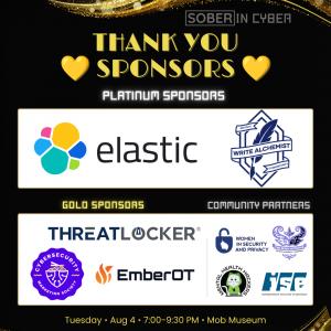 Square black-and-gold Art Deco thank-you graphic from Sober in Cyber recognizing sponsors of the 4th Annual Sober Speakeasy. The Sober in Cyber logo appears at the top right above large gold text reading: "THANK YOU ? SPONSORS ?." Below, a white panel lab