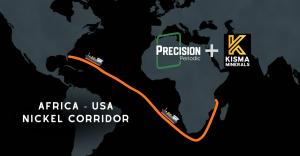 Map infographic showing the Africa-USA Nickel Corridor: Precision Periodic and Kisma Minerals logos connected by a direct orange shipping route from Tanzania to Florida across a world map.