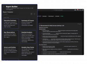 Screen capture of Flashpoint’s AI Workspace showing the Investigations Management Custom Summary Builder, with selectable report sections on the left and an auto‑generated ransomware activity report on the right.