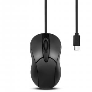 Black compact USB-C wired mouse with cable and USB-C connector shown on a white background.