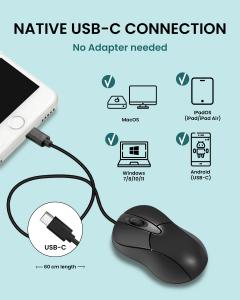 PERIMICE-405 USB-C wired mouse connected to a tablet, with icons showing compatibility for macOS, Windows, iPadOS, and Android USB-C devices.