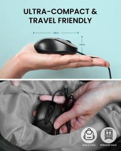 PERIMICE-405 compact USB-C wired mouse shown on a hand and being placed into a bag pocket, highlighting its small size and travel-friendly design.
