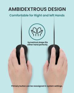 PERIMICE-405 USB-C wired mouse shown with right and left hands, highlighting its ambidextrous symmetrical design.
