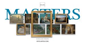 Featured image for the Hive Artes Famous Artist Prints Collection displaying a collage of classic artwork masterpieces layered over the word "MASTERS" in large blue lettering, with an ornate gold frame floating in the center on a white background.