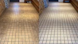 Side by side comparison of a commercial tile floor before and after deep cleaning, showing soiled grout on the left and restored tile on the right