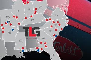 A graphic showing the dealership network of The Larson Group (TLG), with locations marked by pins across MO, IL, IN, OH, KY, NC, SC, AR, and GA. The map is overlaid on a close-up of a red Peterbilt truck, featuring the TLG logo.