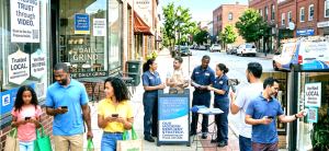 A vibrant small-town Main Street scene with The Daily Grind bakery and coffee shop windows showing signs that read Trusted Local, Verified Reviews by locals, Building Trust through Video Scan to See Our Process Inside with QR codes. In the center, four wo