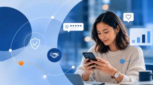 Consumer using a smartphone surrounded by visual cues for reviews, social content, trust, partnerships, and marketing performance.